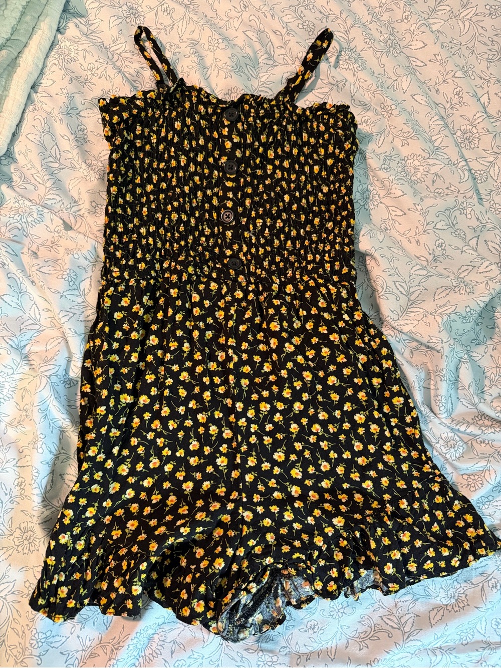 Art Class Girls Black Floral Smocked Romper with Yellow Accent Flowers